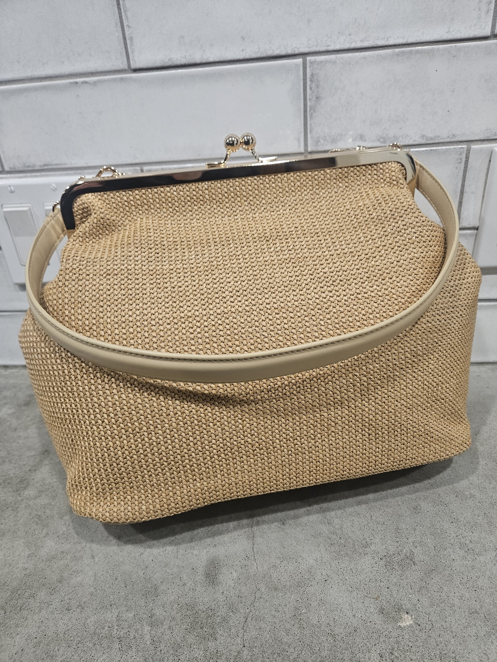 Woven Frame-Top Shoulder Bag in Beige with Gold Hardware